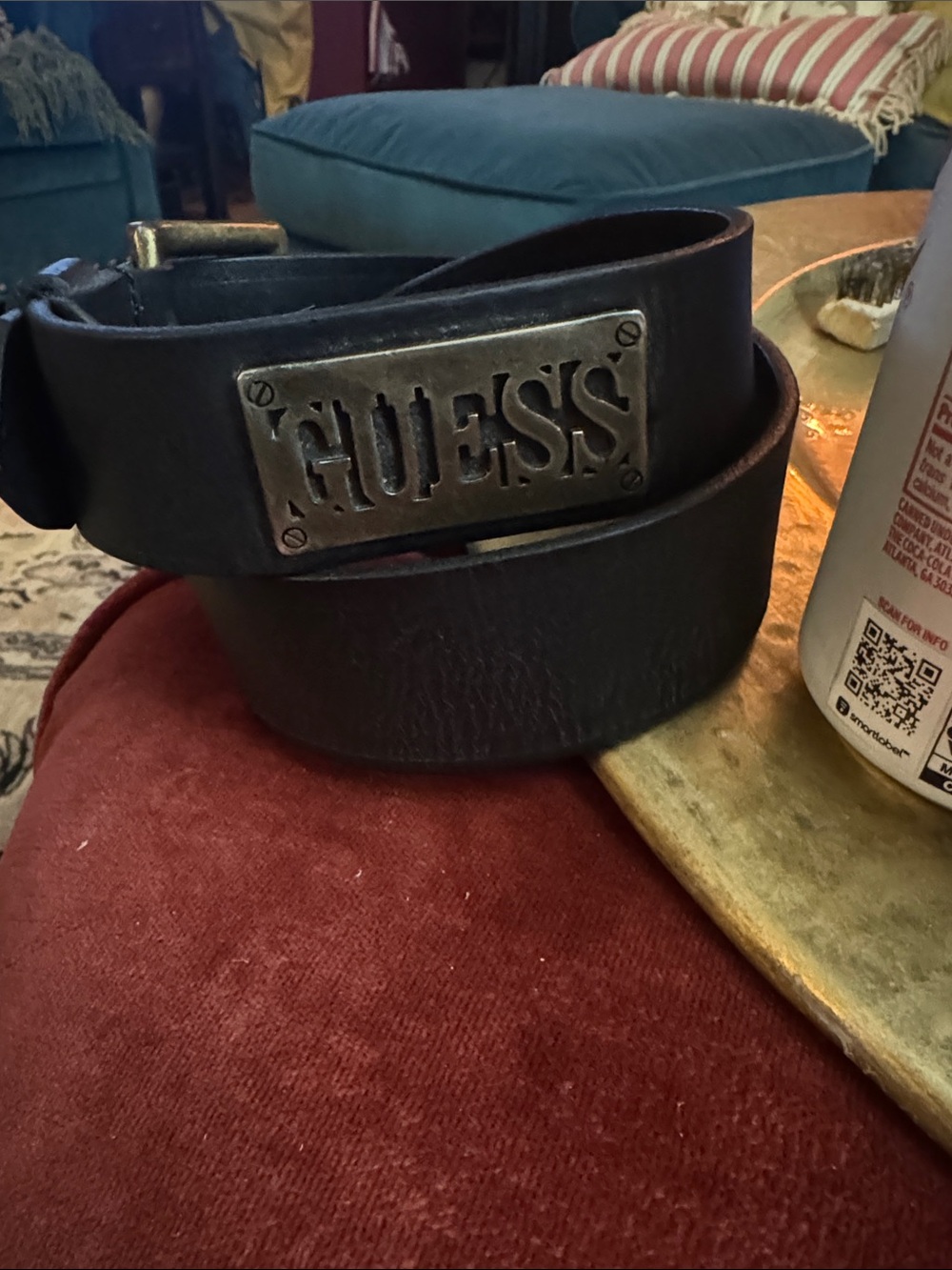 GUESS Black Leather Belt with Branded Metal Plate
